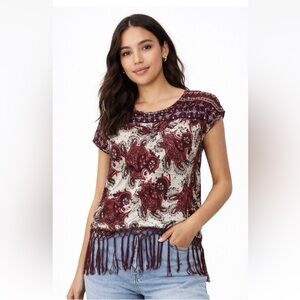 Boho Rose & Thyme | Paisley Fringe Short Sleeve Top Women’s | Size L | NWT